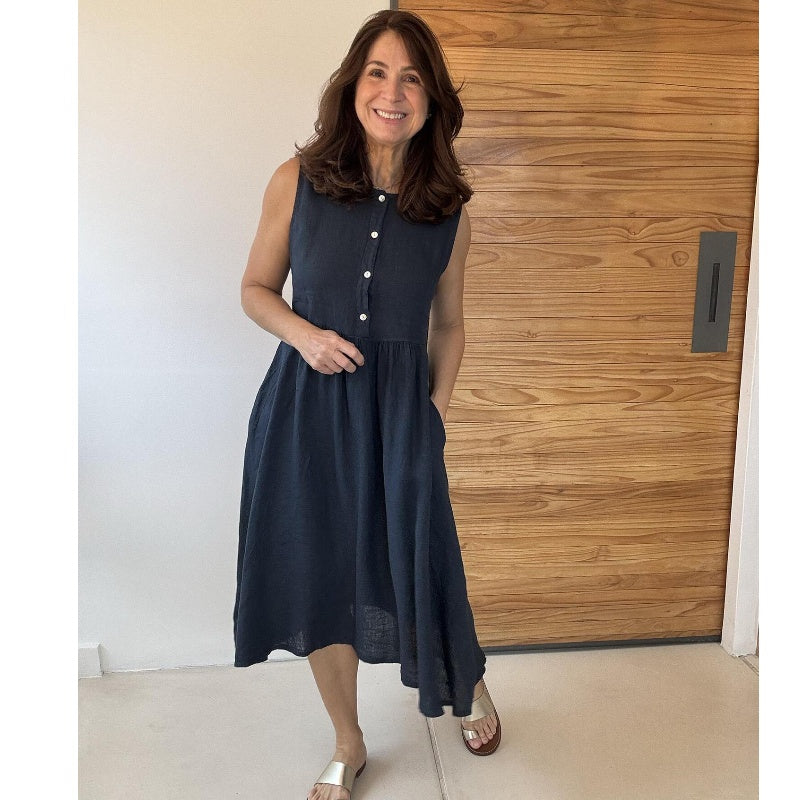 Solid Color Round Neck Sleeveless Button Dress