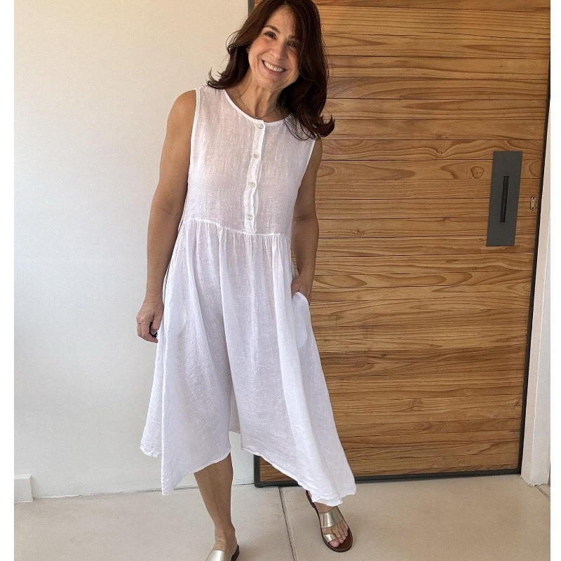 Solid Color Round Neck Sleeveless Button Dress