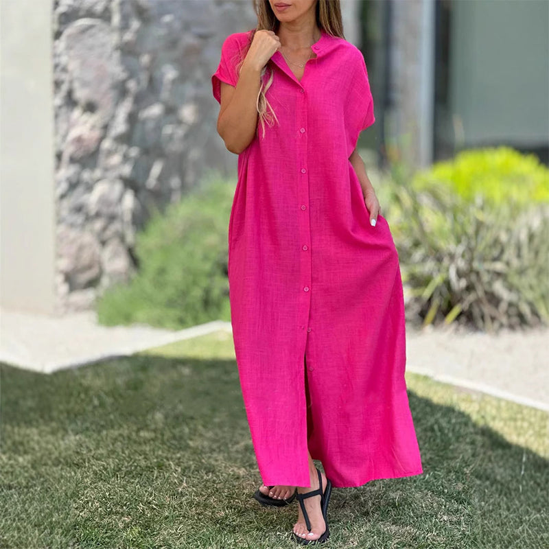 Women's Casual Button-Down Loose Side-Split Shirt Dress