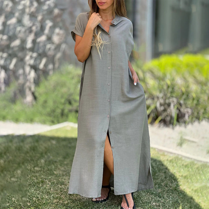 Women's Casual Button-Down Loose Side-Split Shirt Dress