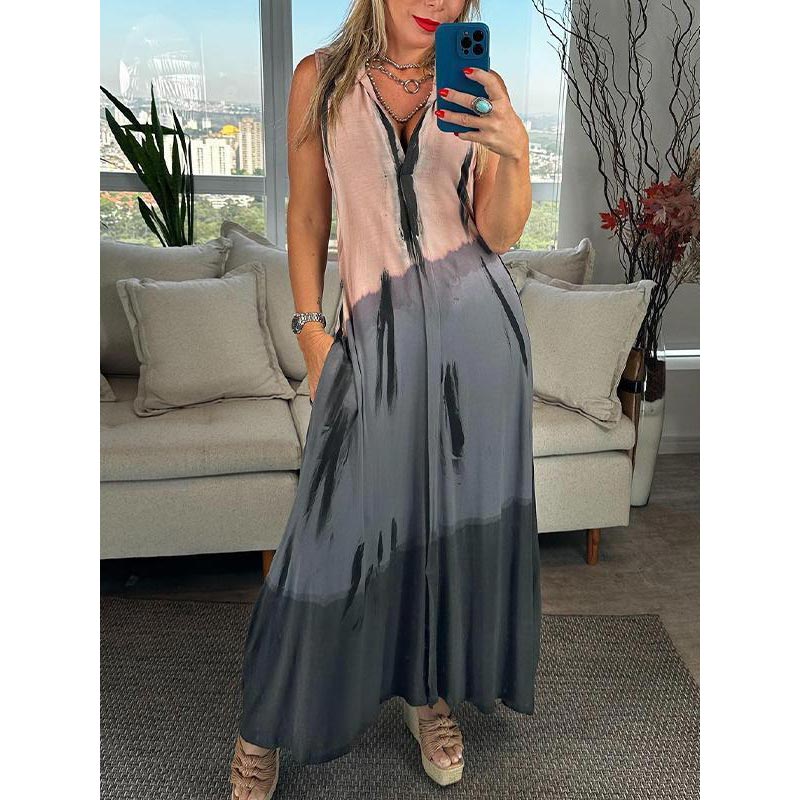 Women's Tie-dye V-neck Lapel Sleeveless Dress