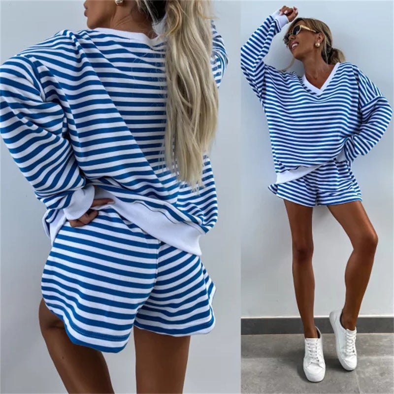 Women's Casual V-Neck Long Sleeve Top & Elastic Waist Shorts 2-Piece Set