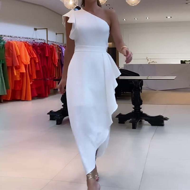⏰Limited Time Half Price -50% OFF 🔥Asymmetrical One Shoulder Ruffle Dress with Irregular Hem and Fitted Waist