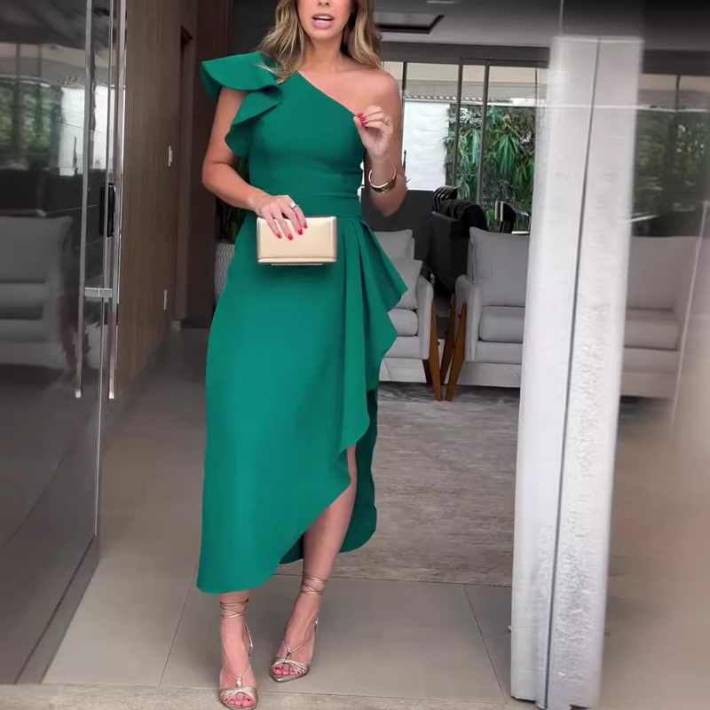 ⏰Limited Time Half Price -50% OFF 🔥Asymmetrical One Shoulder Ruffle Dress with Irregular Hem and Fitted Waist