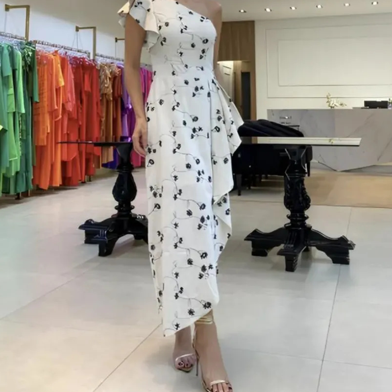 ⏰Limited Time Half Price -50% OFF 🔥Asymmetrical One Shoulder Ruffle Dress with Irregular Hem and Fitted Waist
