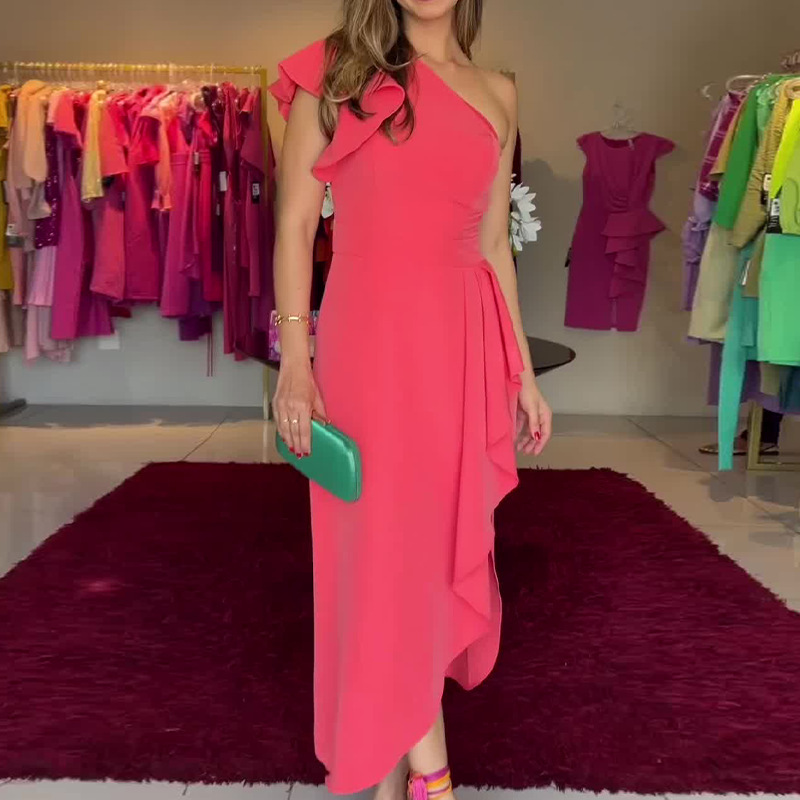 ⏰Limited Time Half Price -50% OFF 🔥Asymmetrical One Shoulder Ruffle Dress with Irregular Hem and Fitted Waist
