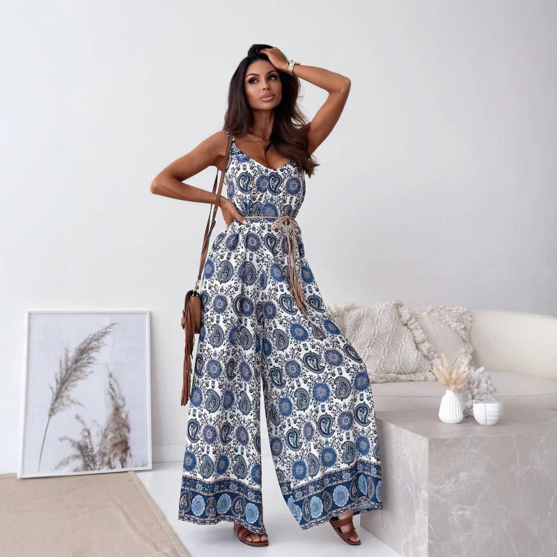 Women’s Trendy Print Backless Jumpsuit with Tassel Belt