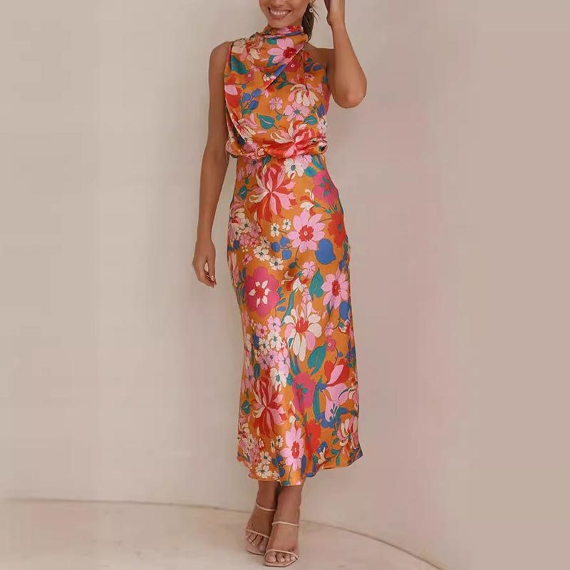 Love In The Garden Floral Halter Neck Elastic Waist Maxi Dress