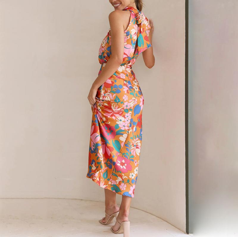 Love In The Garden Floral Halter Neck Elastic Waist Maxi Dress