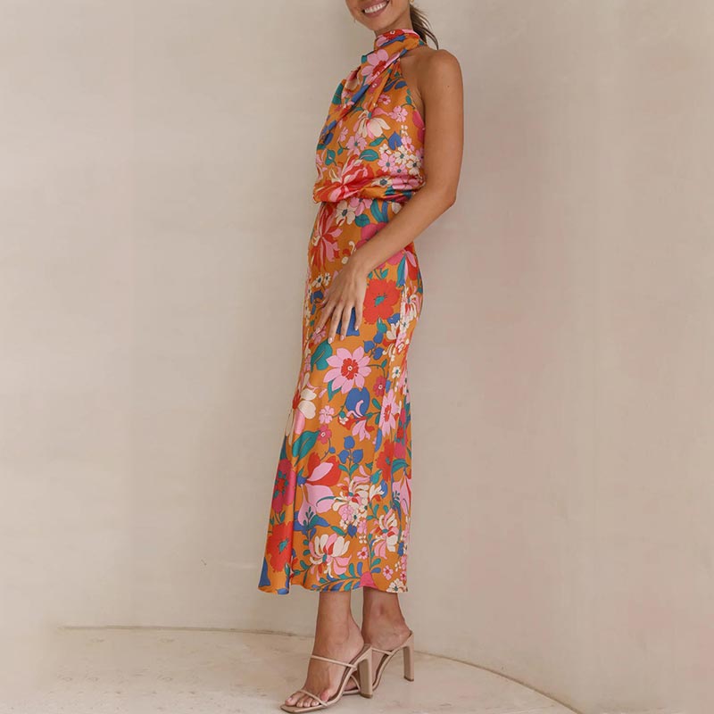 Love In The Garden Floral Halter Neck Elastic Waist Maxi Dress