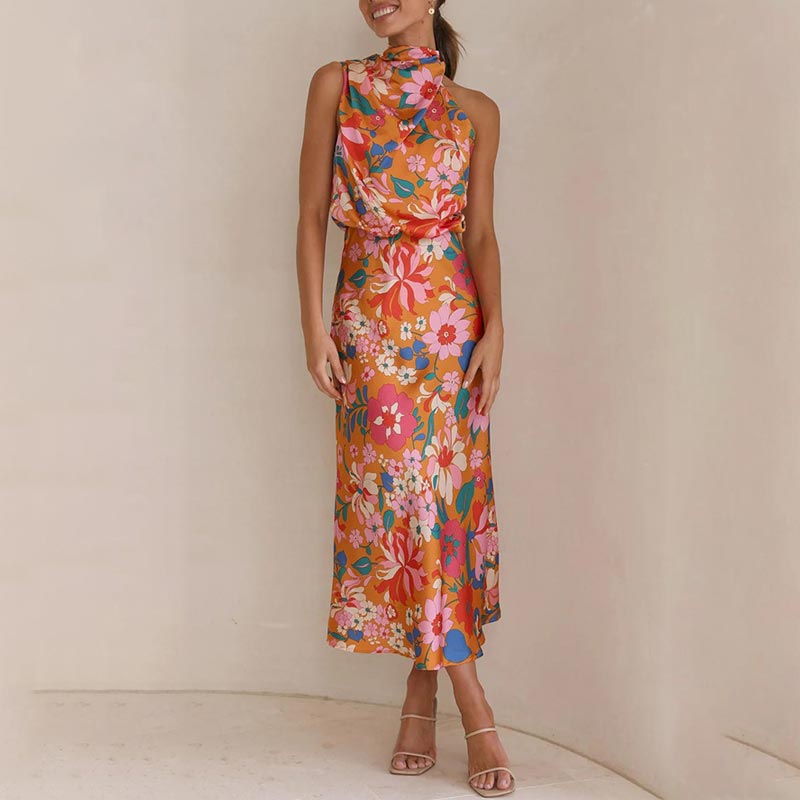 Love In The Garden Floral Halter Neck Elastic Waist Maxi Dress