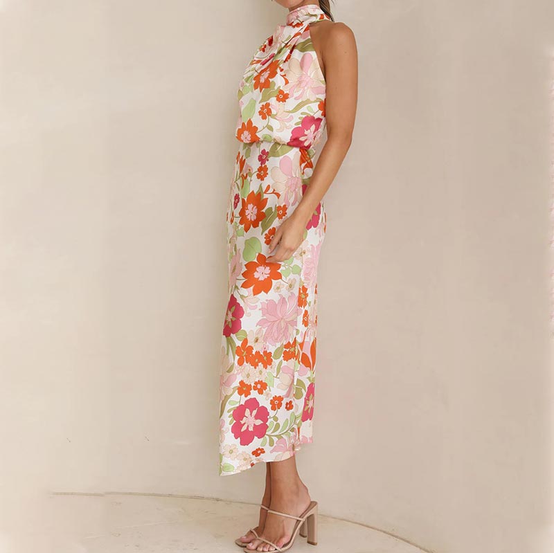 Love In The Garden Floral Halter Neck Elastic Waist Maxi Dress