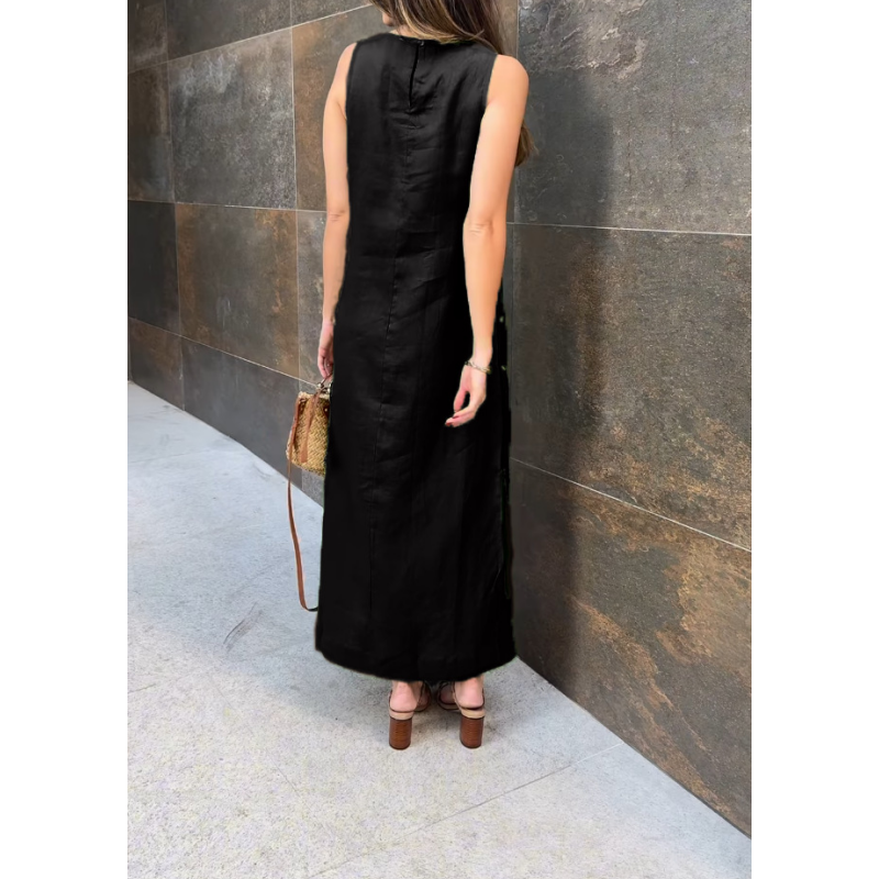 Women's Solid Color Button Side Split Sleeveless Dress
