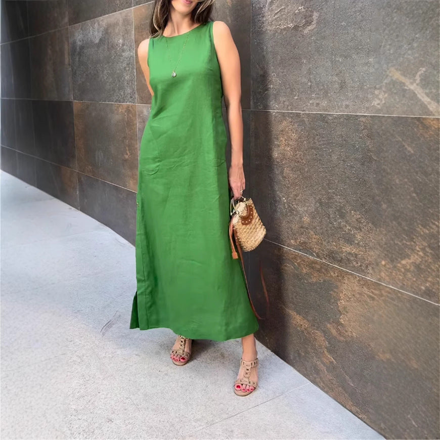 Women's Solid Color Button Side Split Sleeveless Dress