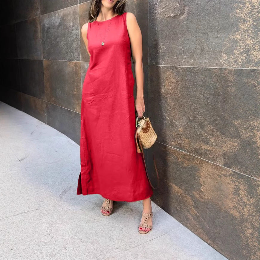 Women's Solid Color Button Side Split Sleeveless Dress