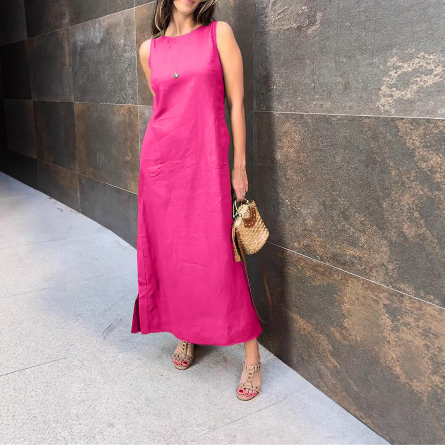 Women's Solid Color Button Side Split Sleeveless Dress