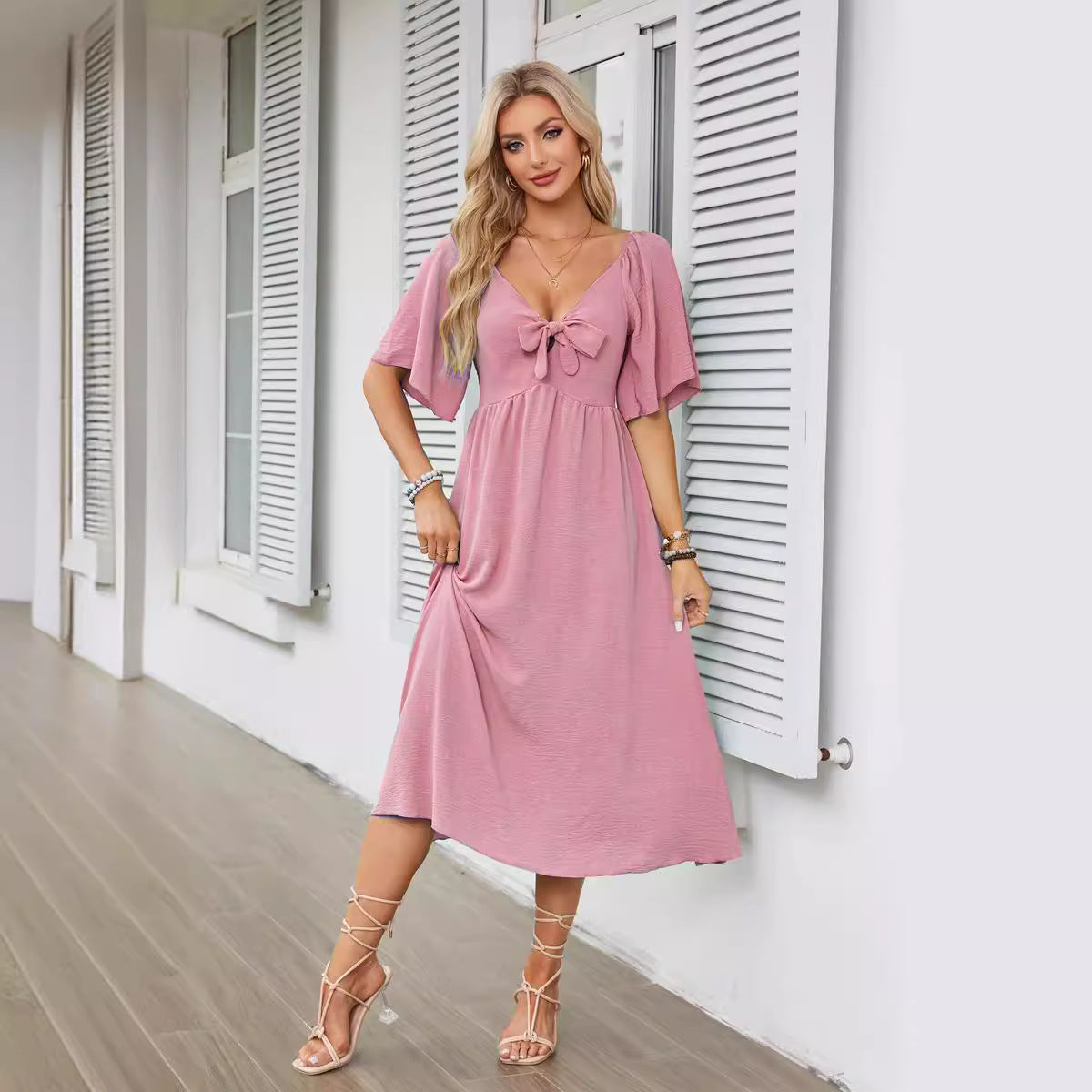 Bowknot V-Neck Pleated Long Dress