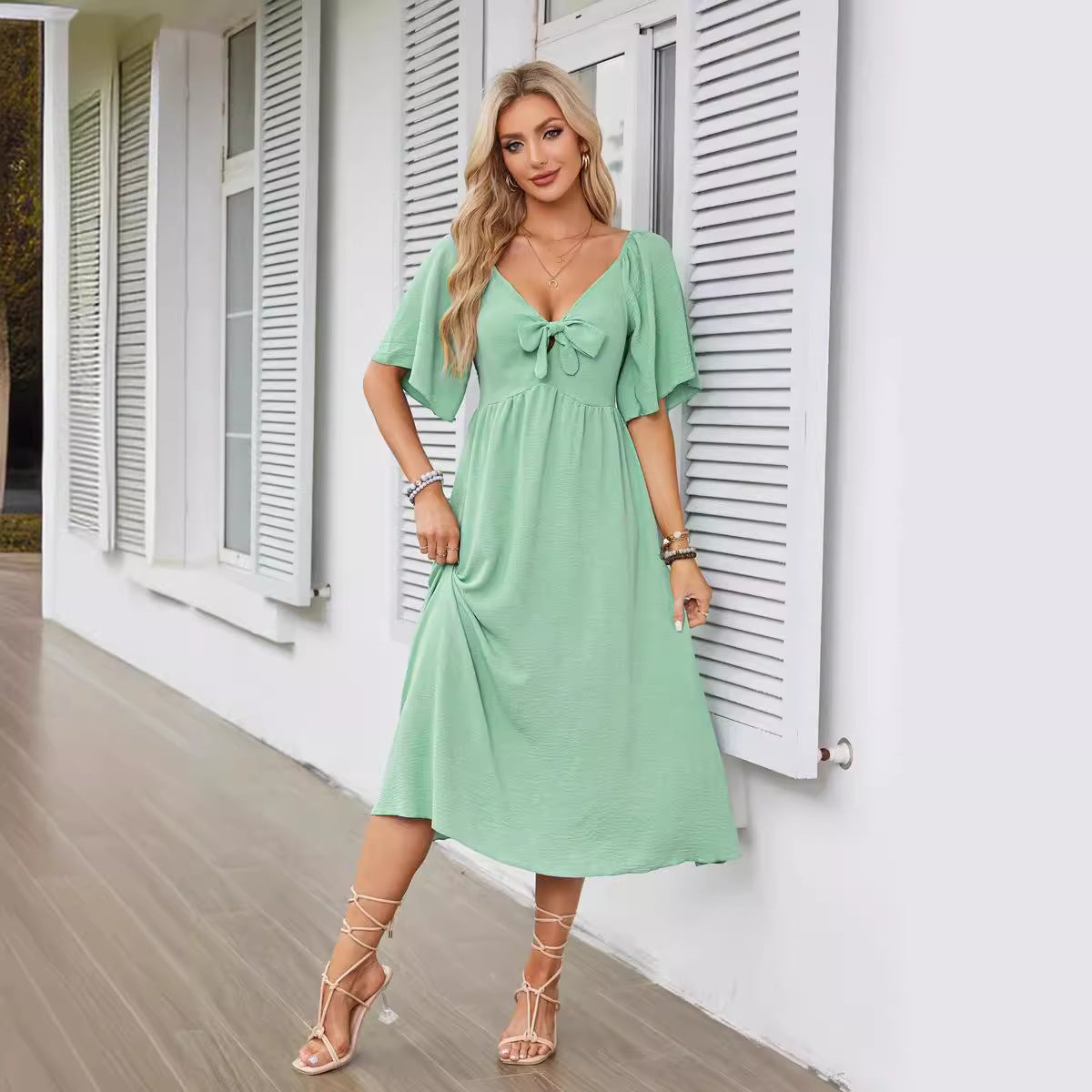 Bowknot V-Neck Pleated Long Dress