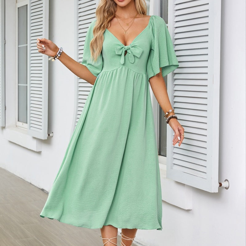 Bowknot V-Neck Pleated Long Dress