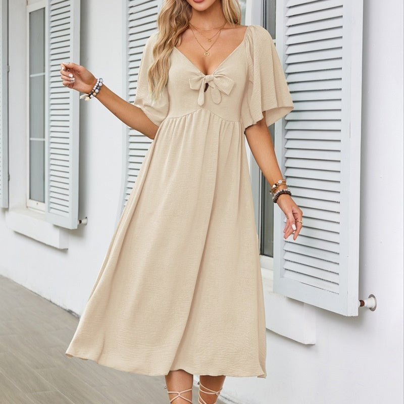 Bowknot V-Neck Pleated Long Dress