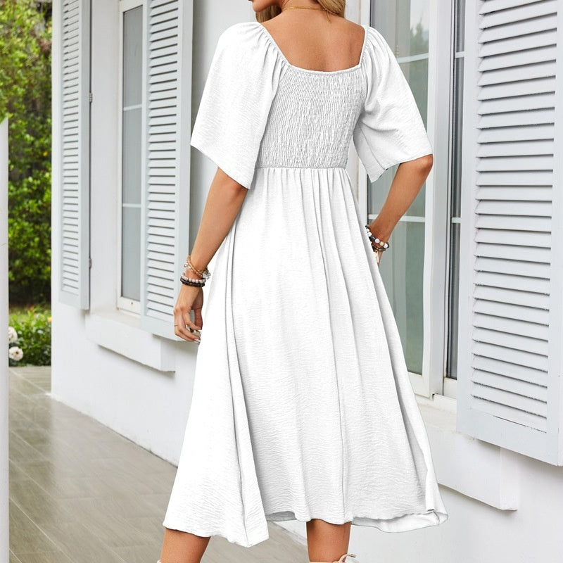 Bowknot V-Neck Pleated Long Dress