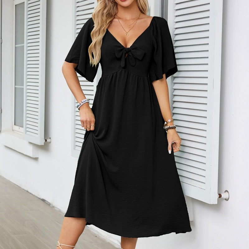 Bowknot V-Neck Pleated Long Dress