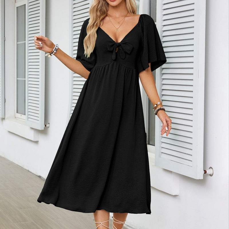 Bowknot V-Neck Pleated Long Dress