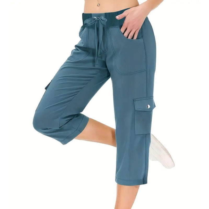 Women's Solid Color High-Waist Drawstring 3/4-Length Cargo Pants