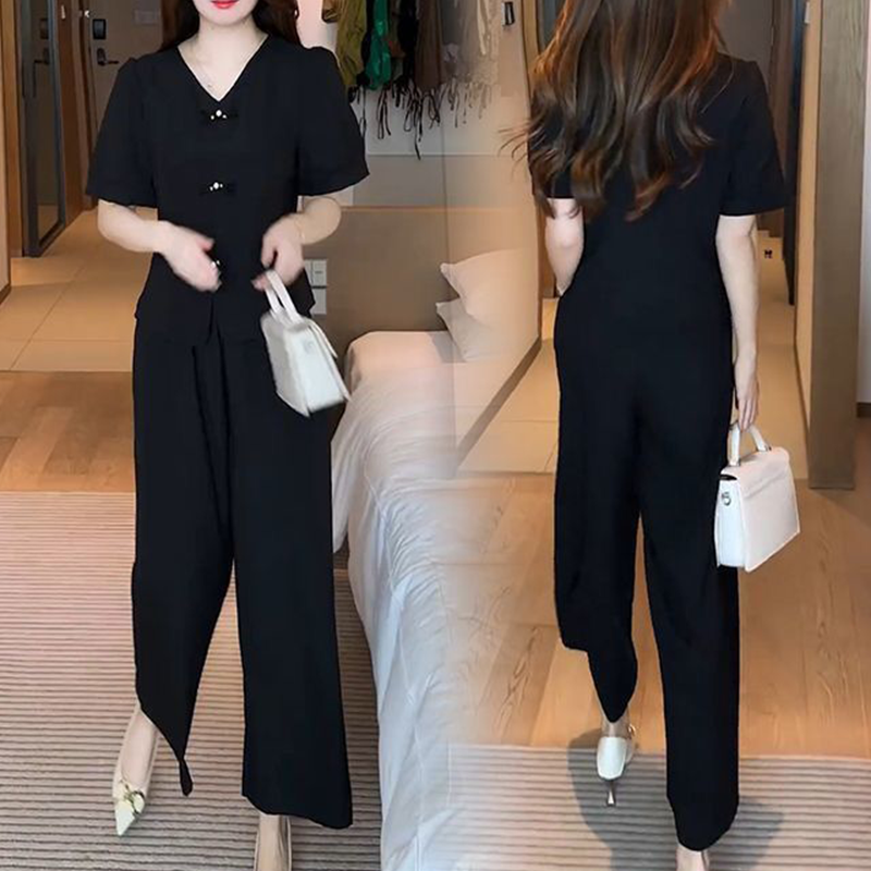 V-Neck Short Sleeve Top & Matching Wide-Leg Pants 2-Piece Set for Women