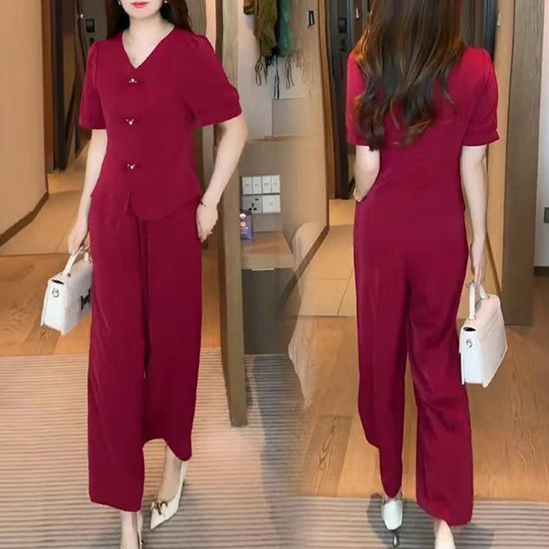 V-Neck Short Sleeve Top & Matching Wide-Leg Pants 2-Piece Set for Women
