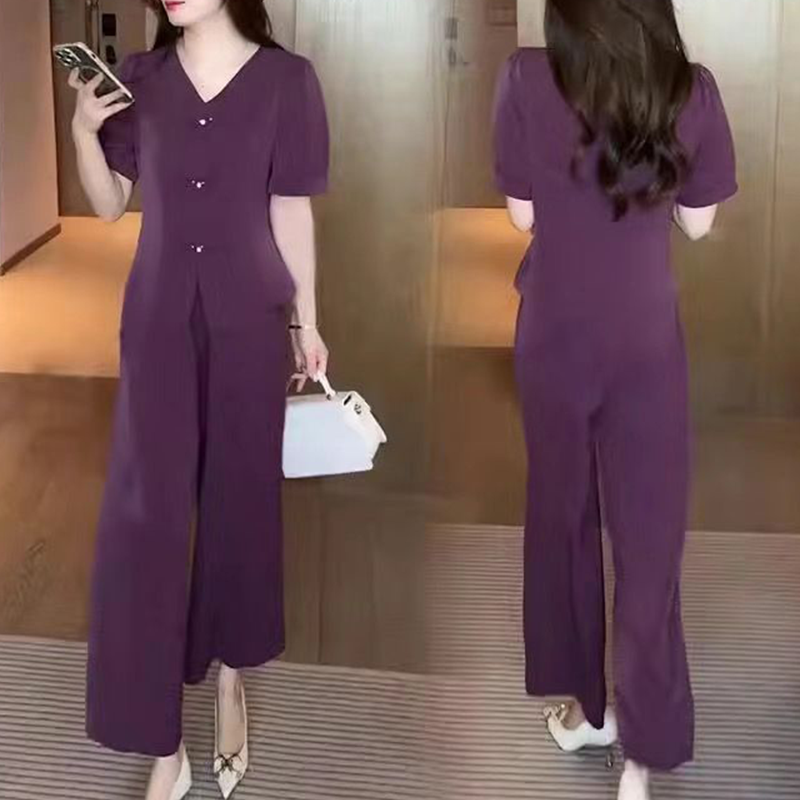 V-Neck Short Sleeve Top & Matching Wide-Leg Pants 2-Piece Set for Women