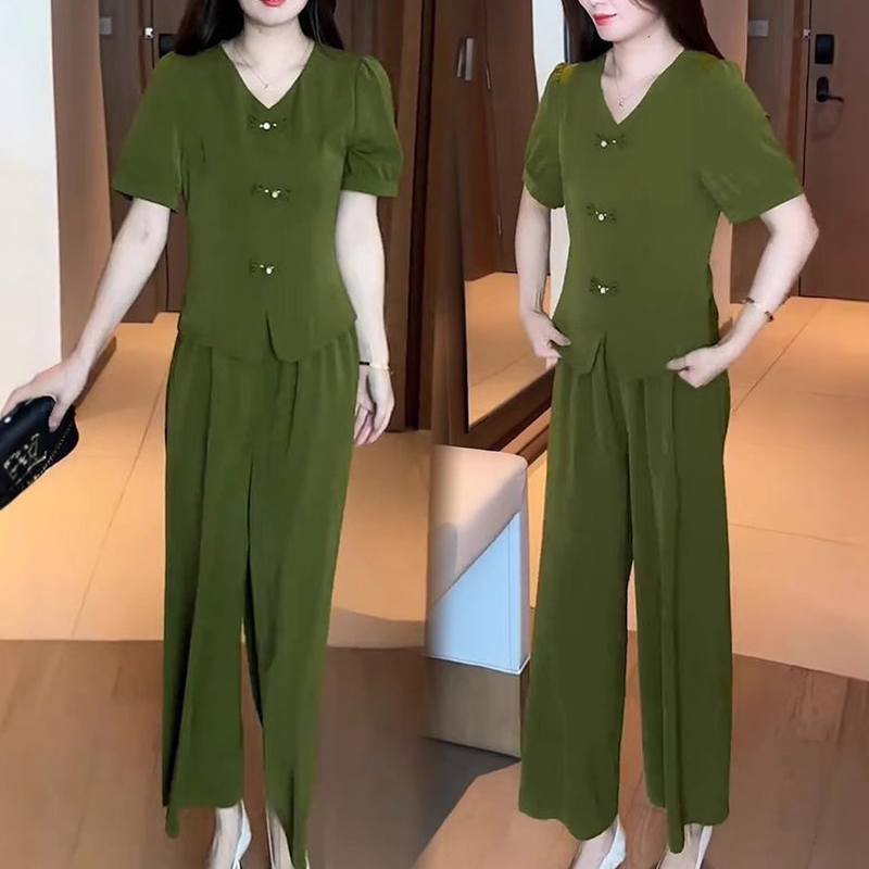 V-Neck Short Sleeve Top & Matching Wide-Leg Pants 2-Piece Set for Women