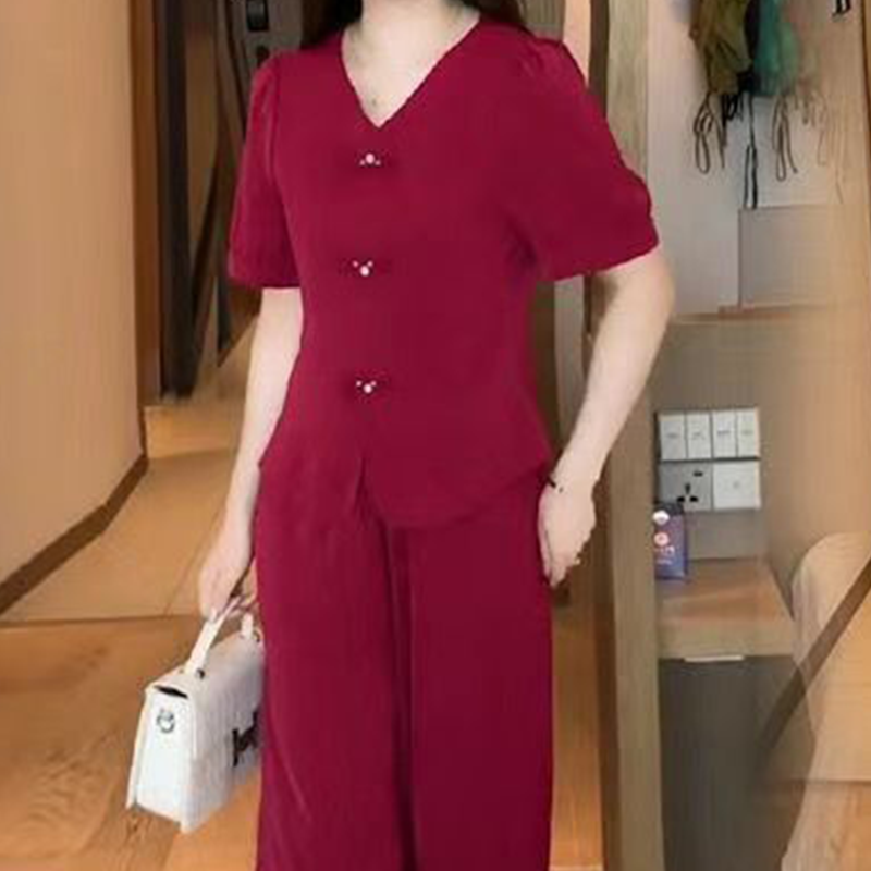 V-Neck Short Sleeve Top & Matching Wide-Leg Pants 2-Piece Set for Women