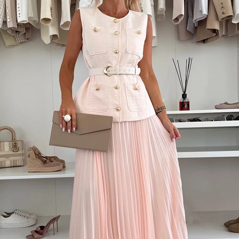Women's Elegant Button-Down Sleeveless Tops & Pleated Skirt Set