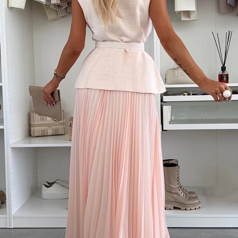 Women's Elegant Button-Down Sleeveless Tops & Pleated Skirt Set