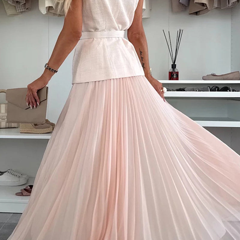 Women's Elegant Button-Down Sleeveless Tops & Pleated Skirt Set