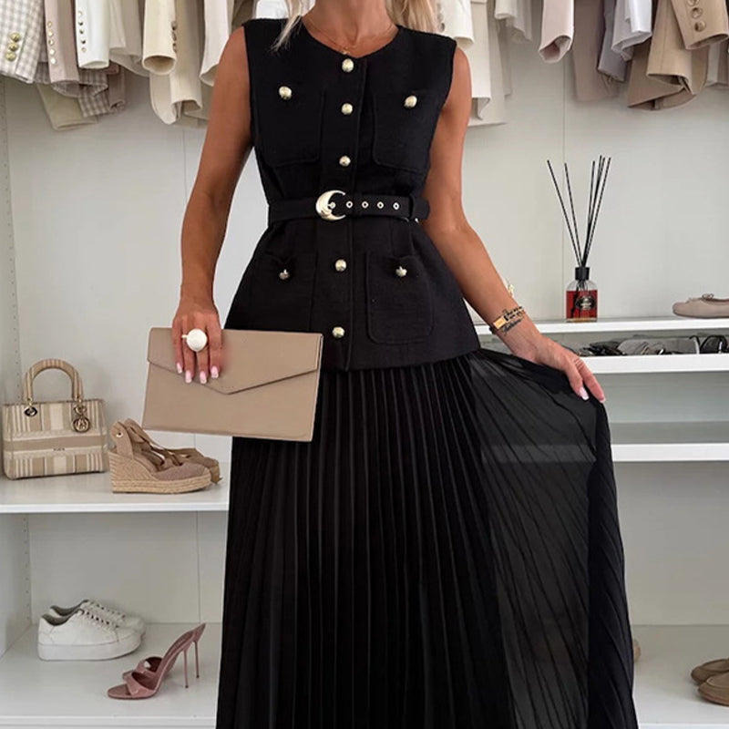 Women's Elegant Button-Down Sleeveless Tops & Pleated Skirt Set