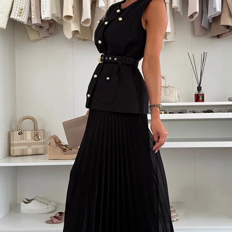 Women's Elegant Button-Down Sleeveless Tops & Pleated Skirt Set
