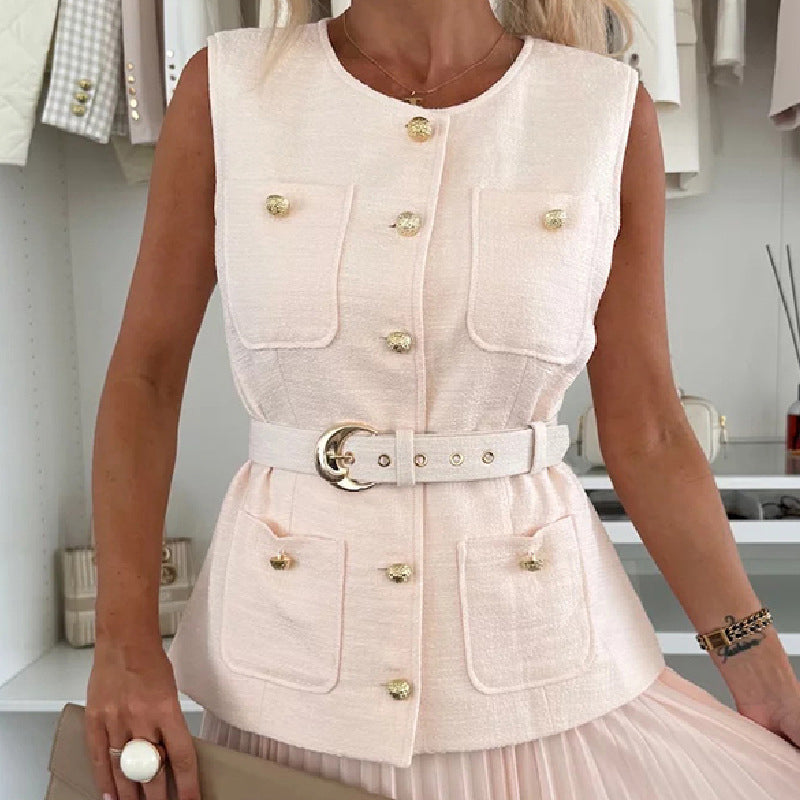 Women's Elegant Button-Down Sleeveless Tops & Pleated Skirt Set
