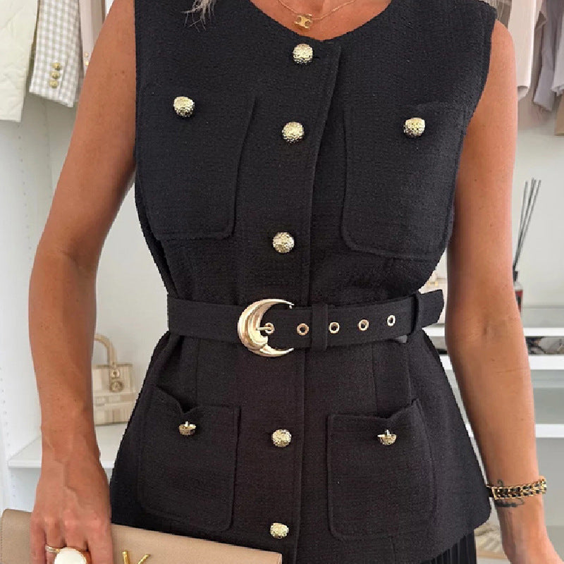 Women's Elegant Button-Down Sleeveless Tops & Pleated Skirt Set