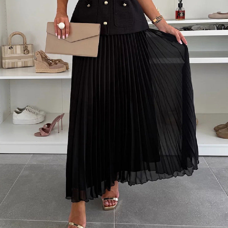Women's Elegant Button-Down Sleeveless Tops & Pleated Skirt Set