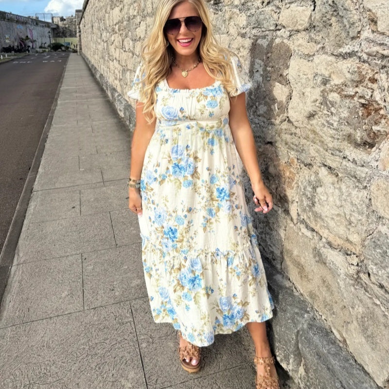 Women's Printed Square Neck Pleated Short Sleeve Dress