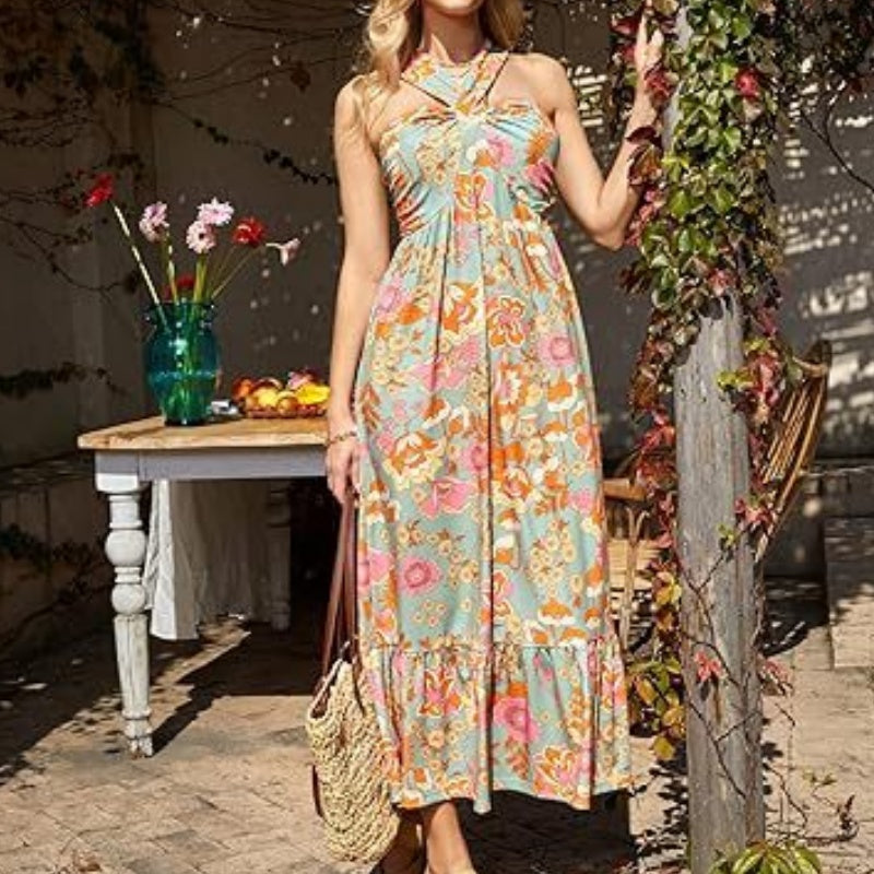🌺Cross Halter Sleeveless Floral Printed Dress💃