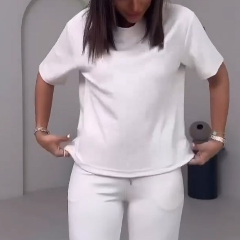 Effen Damesbovenstuk met Korte Mouwen & Broek Tweedelige Set
