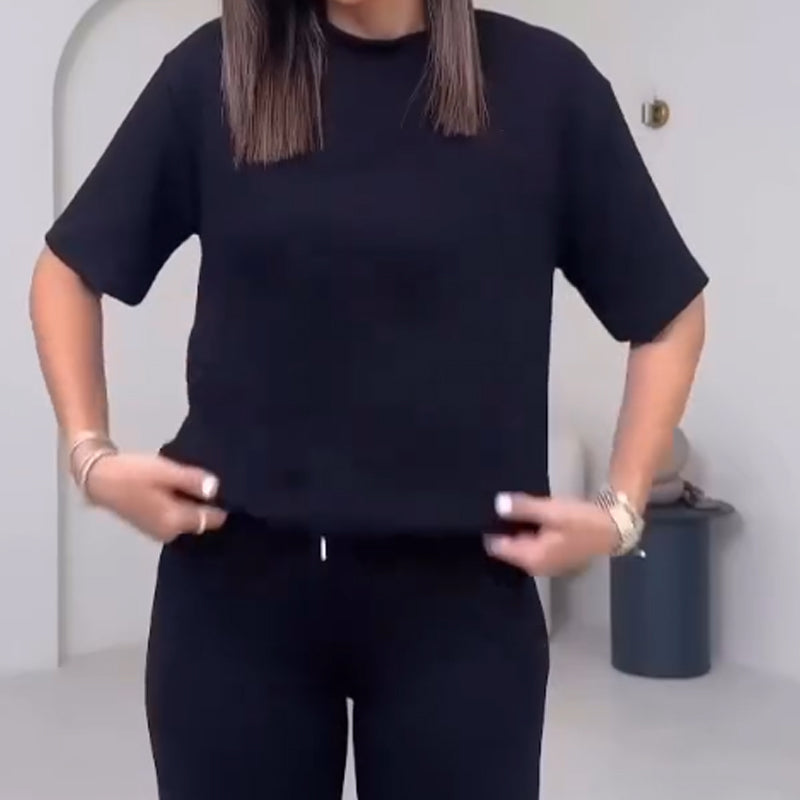 Effen Damesbovenstuk met Korte Mouwen & Broek Tweedelige Set