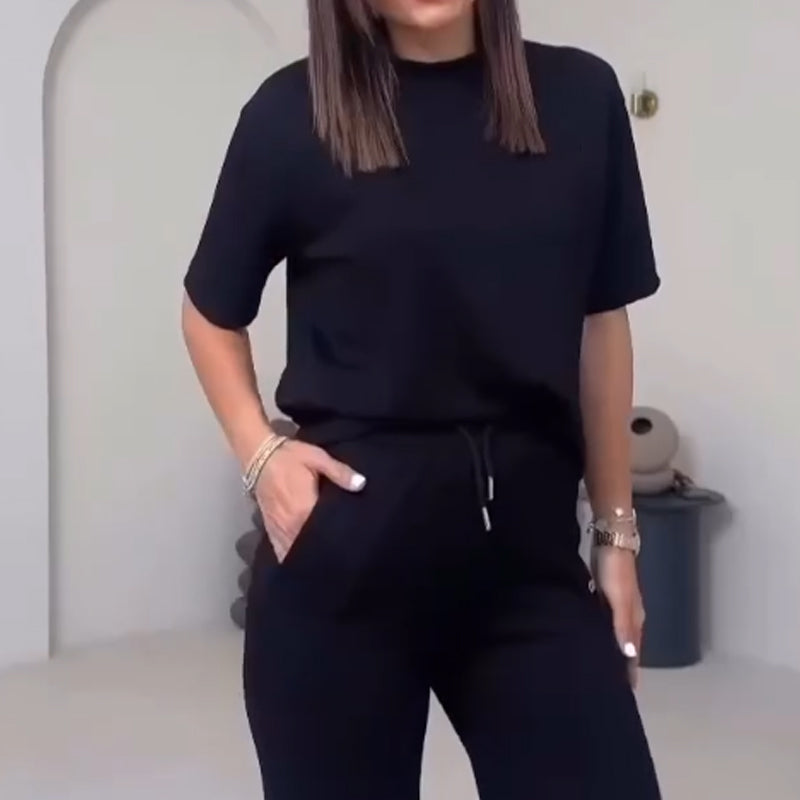 Effen Damesbovenstuk met Korte Mouwen & Broek Tweedelige Set