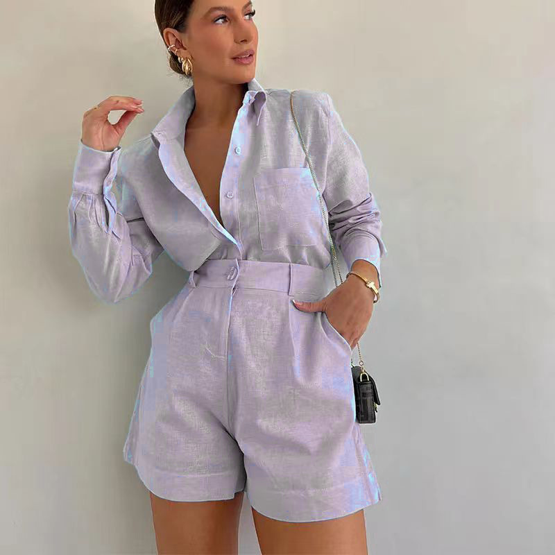 Women's Elegant Long Sleeve Shirt & Shorts Two-Piece Set
