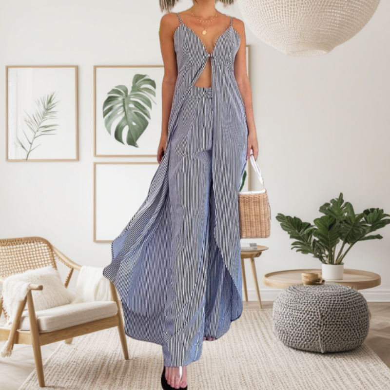 🎀Women's Striped Sleeveless Slit Long Tops & Pants Set🎊