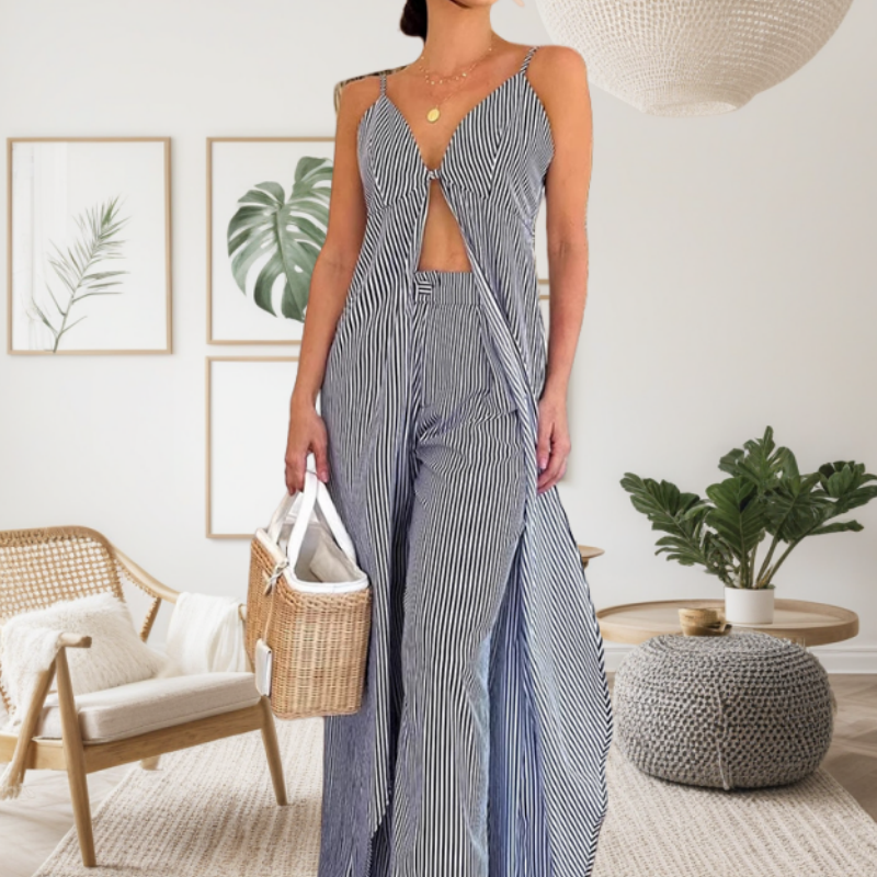 🎀Women's Striped Sleeveless Slit Long Tops & Pants Set🎊