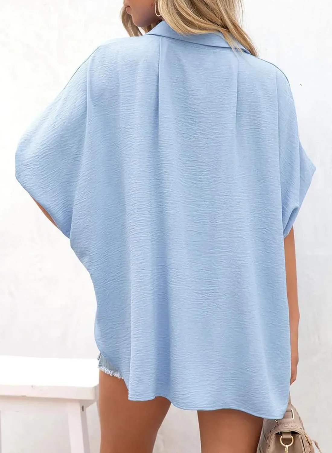 🔥Hot Sale 50% Off💥Women's Casual Button Short Sleeve Slit Hem Shirt Solid Color Tops